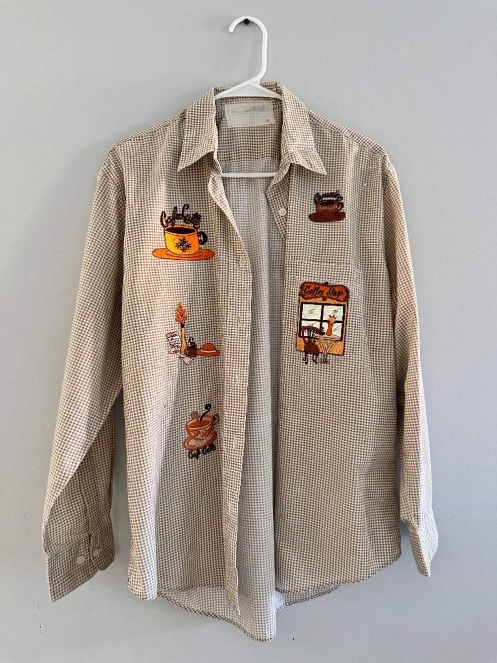 Vintage Coffee Embroidered Gingham Button Up Shirt Café Aesthetic Brown Beige Si - Picture 1 of 5